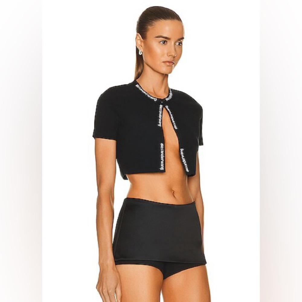 Alexander Wang Logo Bodycon Ribbed Knit Jacquard Logo Trim Cardigan S